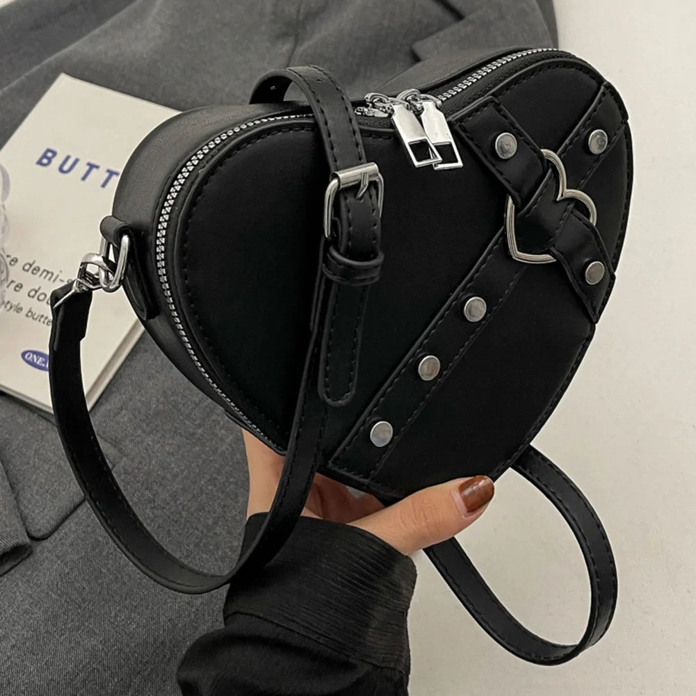 Women Heart Crossbody Bags PU Leather Simple Satchel Bag Solid Color Adjustable Strap Girls Dating Bag