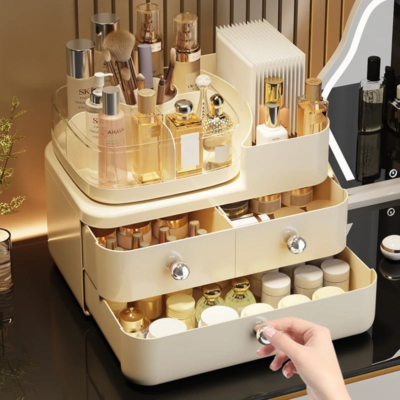 Desktop Cosmetics Storage Box Drawer Style Compartmentalized Organizer Dustproof Cosmetic Storage Box with 360°Rotating Organize