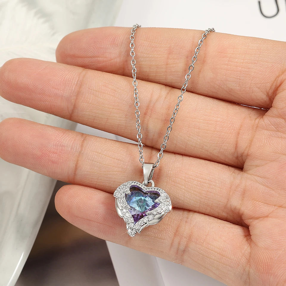 ZAKOL Gorgeous Colorful Zircon Love Heart Pendant Necklace For Women Fashion Stainless Steel Neck Chain Jewelry Gift