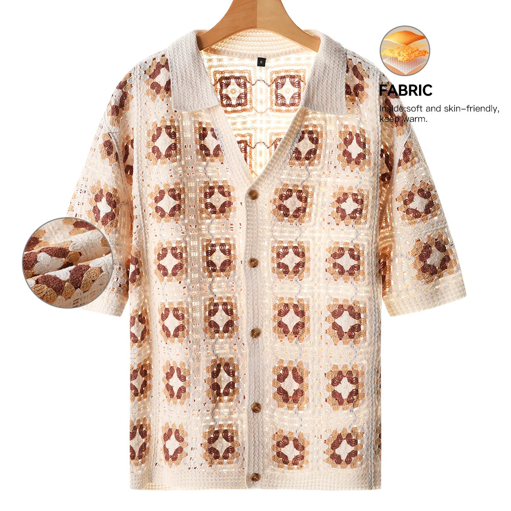 Men's Short Sleeve Summer Fashion Mesh Cardigan Lapel Top Printing Soft Breathable Light Polo Knitwear Men US Size