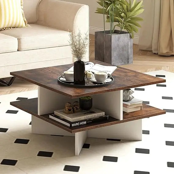 Modern 2-Tier Square Coffee Table with Storage and X-Shaped Base by GOFLAME