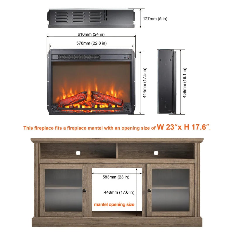 23" Electric Fireplace Insert  3D Infrared Heater with IR Remote  Glass View  Adjustable Realistic Logs & Flames  Indoor Use
