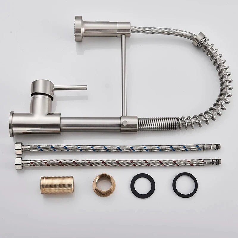 Spring Brushed Nickel Kitchen Faucet Deck Mounted Mixer Tap 360 Degree Rotation Stream Sprayer Nozzle Kitchen Sink Hot Cold Taps
