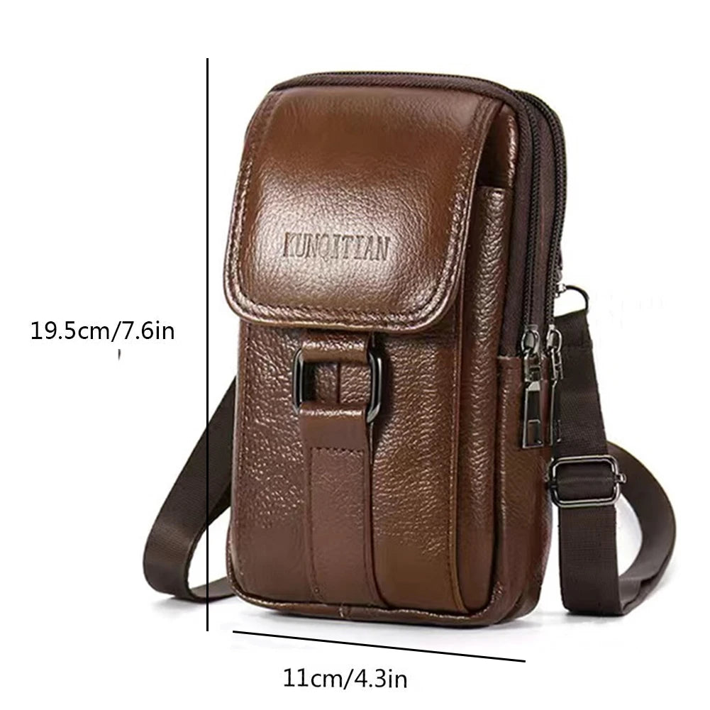 Mini Waist Bag Cowhide Leather Belt Pack Cell Phone Pocket Simple Multi-pockets Fanny Pack Outdoor Portable Casual Wallet Pouch
