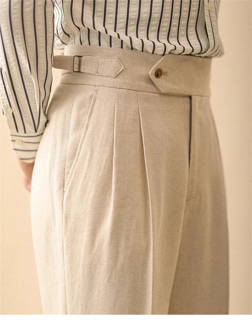 Linen Straight Pant For Men Summer Business Gentleman Naples Pant Paris Buckle Drape High Waisted Trousers Men Formal Pant