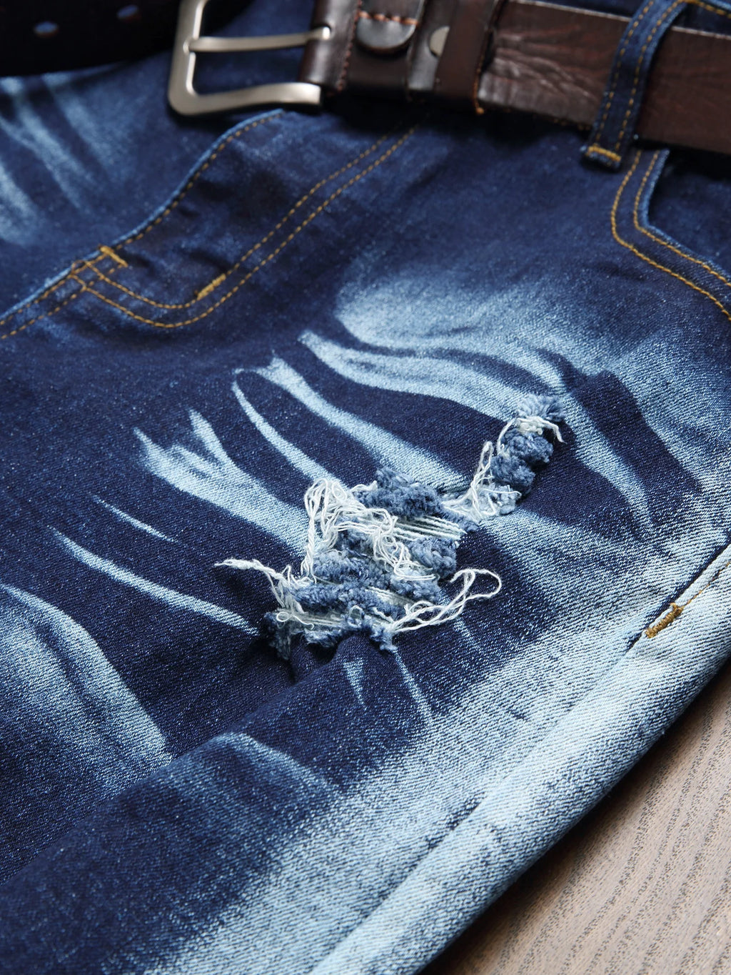 Stylish Mid Stretch Slim Fit Jeans - Men's Mid Waist Distressed And Ripped Denim Jeans With Tassels For All Seasons Street Wear