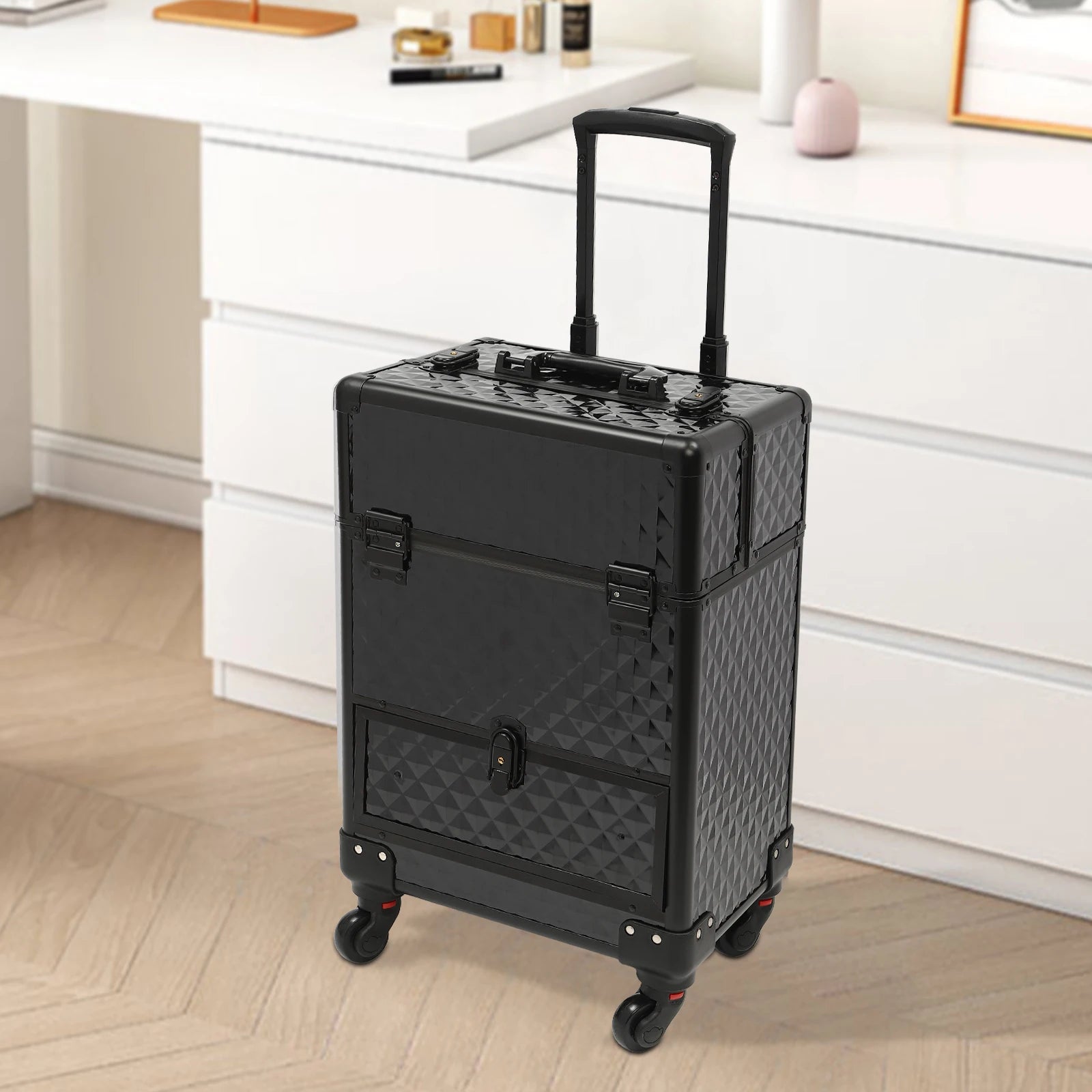 Rolling Makeup Train Case Aluminum Alloy and ABS Construction, 44 lbs Load Capacity, 7 Compartments and Drawer for Makeup