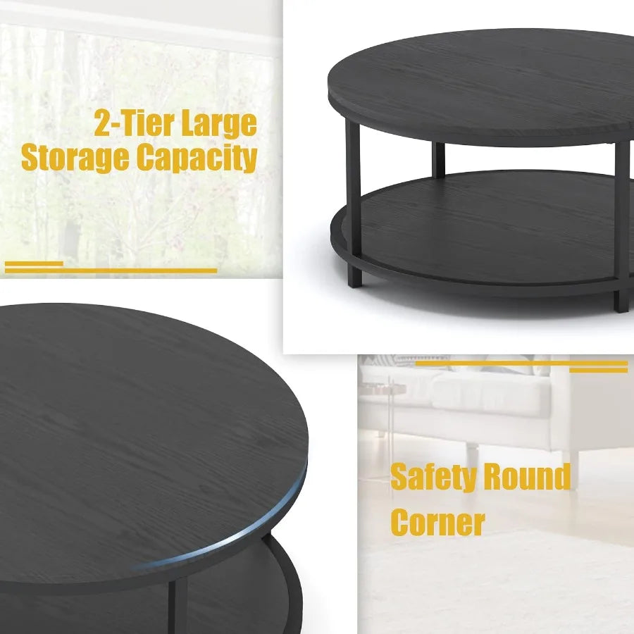 Round Coffee Table Black 35.8 Circle Coffee Tables for Living Room Rustic Industrial Design with Sturdy Metal Frame Legs and Op