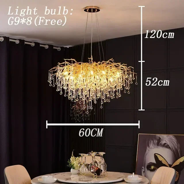 Luxurious Water Drop Golden Base Decorations for Home Light Tree Branch Customize Foyer Luxury Crystal Chandelier