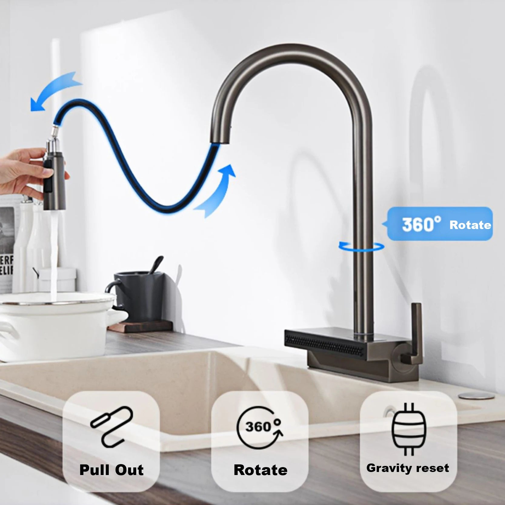Luxury Gunmetal Brass LED Digital Display Kitchen Faucet 1 Hole Pull-out with 2 Modes Ceramic Valve Core Hot&cold Water Sink Tap