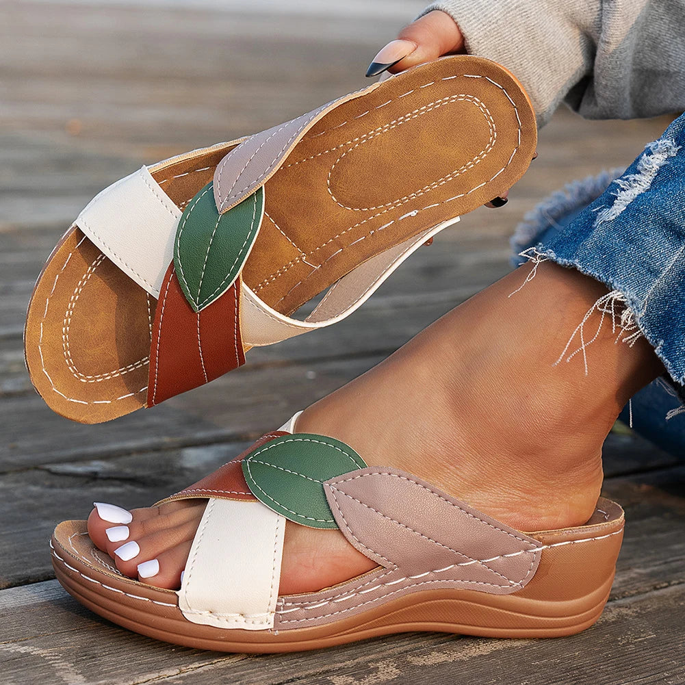 Women Summer Sandals Comfortable Ladies Wedge Sandals Breathable Wedge Slides Platform Cross Strap Slippers for Outdoor Travel