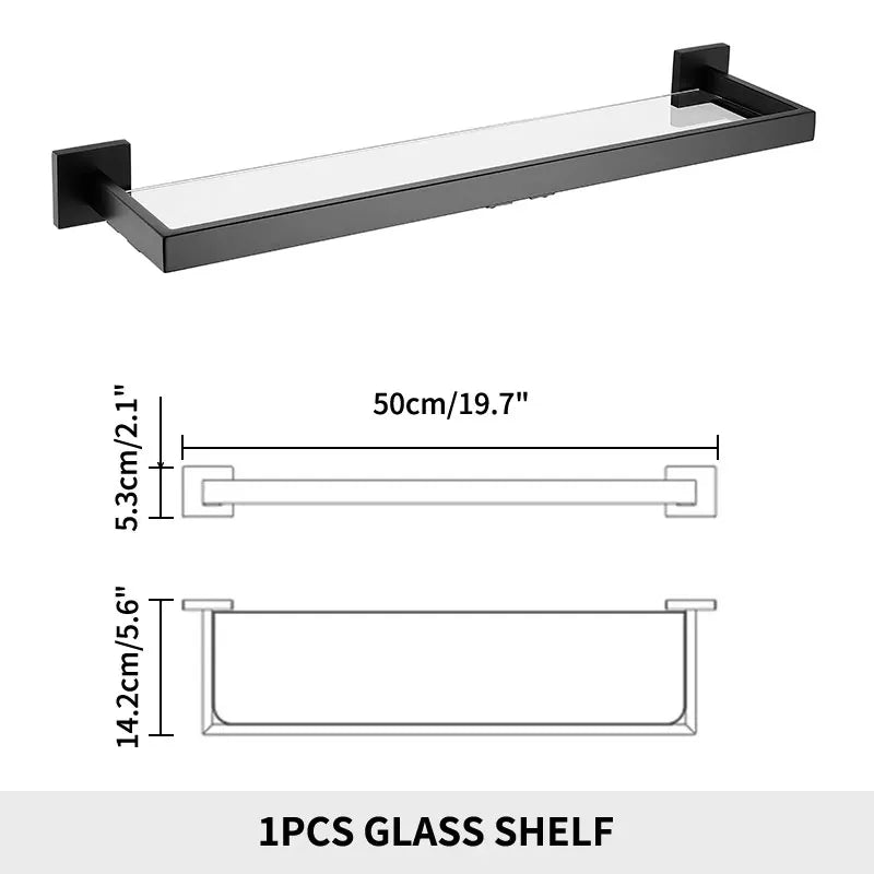 Bathroom Wall Shelf with Rectangle Tempered Glass Stainless Steel Wall Mount Glass Square Shelves Kitchen Organizer Rack Black