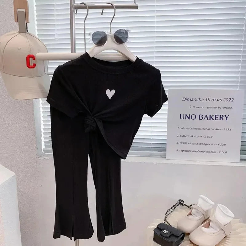 Baby Girls Clothes Outfit Summer Sweet Heart  Top & Pants 2 Pieces Set Teenage Girl Bell-bottom Trousers Tracksuit Kids Clothes