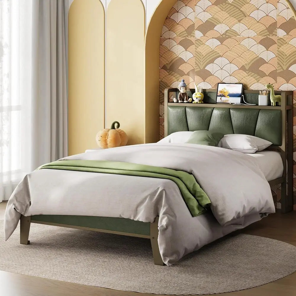 LIKIMIO XL Twin / Queen Bed Frame, Storage Headboard with Charging Station, Solid and Stable, No Box Spring Needed