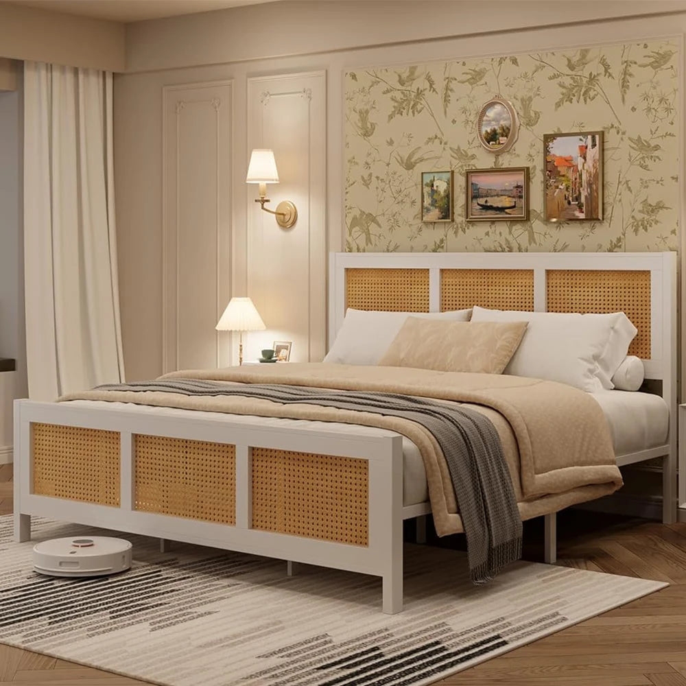 Living Room Bed Frame with Headboard, White Boho Cane Platform Bed Frame with Strong Metal Slat Noise Free No Box Spring Needed