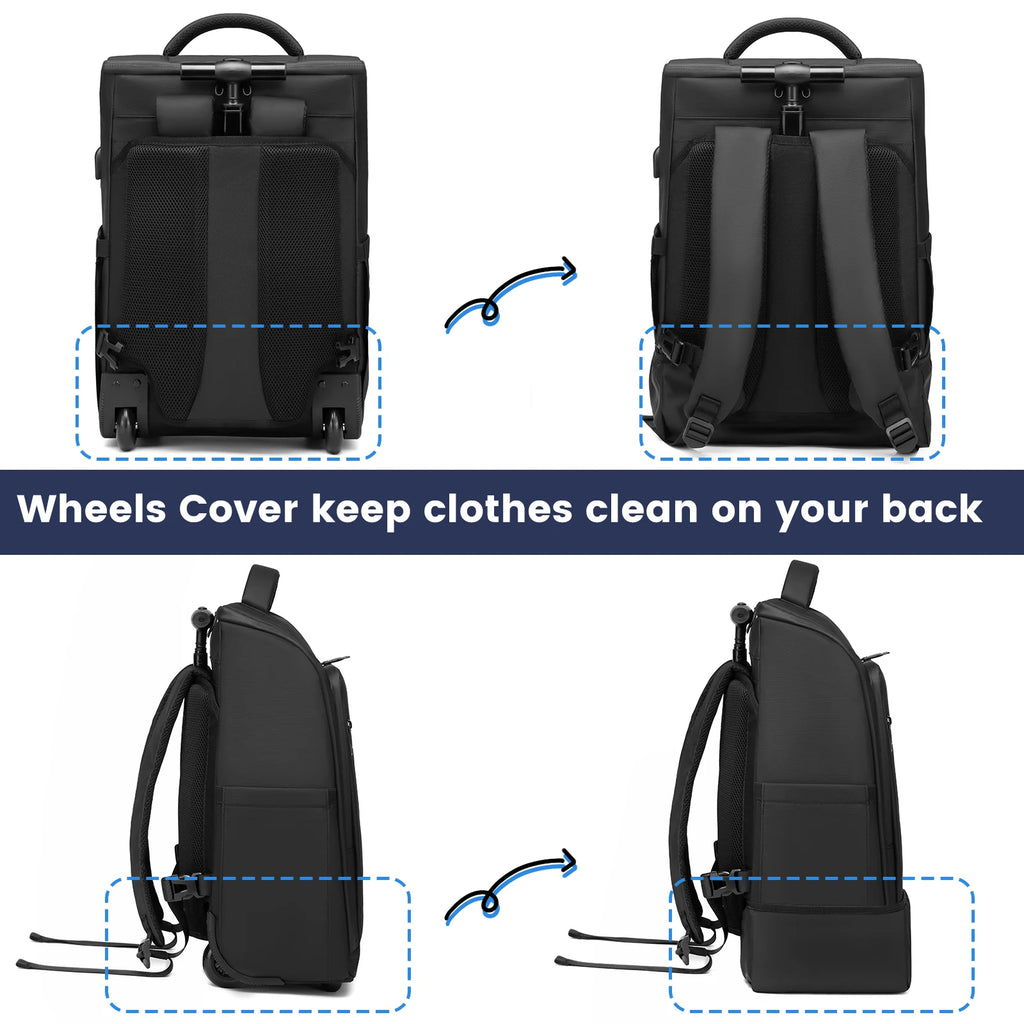 RUCYEN Rolling Backpack 15.6in Laptop Water Resistant Large Capacity Travel Luggage Wheeled Backpack with USB Shoulders Luggage