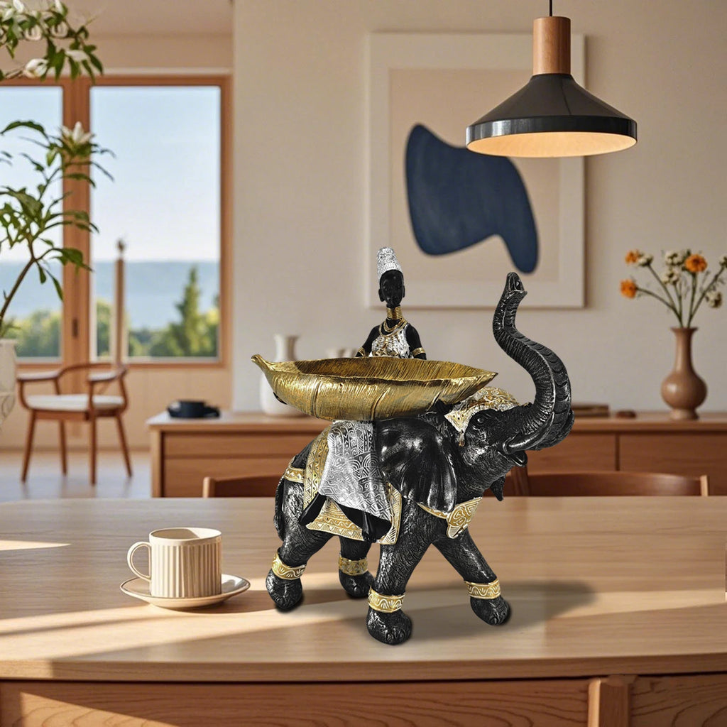 Elephant Statues Tray-14.5" Animal African Lady Tribal Sculpture Set,Silver Figure Figurines with Tribal Totem Design Home Decor