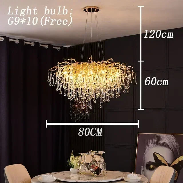 Luxurious Water Drop Golden Base Decorations for Home Light Tree Branch Customize Foyer Luxury Crystal Chandelier