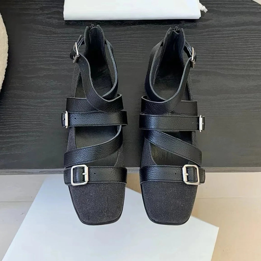 2025 Newest Retro Real Leather Square-Toe Flat Heel Ballet Dance Shoes Buckle-Strap Mary Janes Gladiator Sandals Bota Feminina