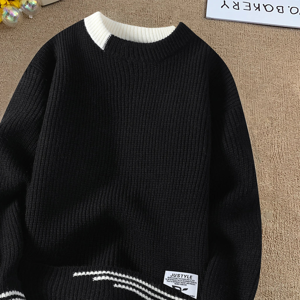Men Retro Color Collision Twist Sweater Loose Fit Round Neck Knit Jumper Pullover Autumn Winter Casual 4 Colors Knitted Sweaters