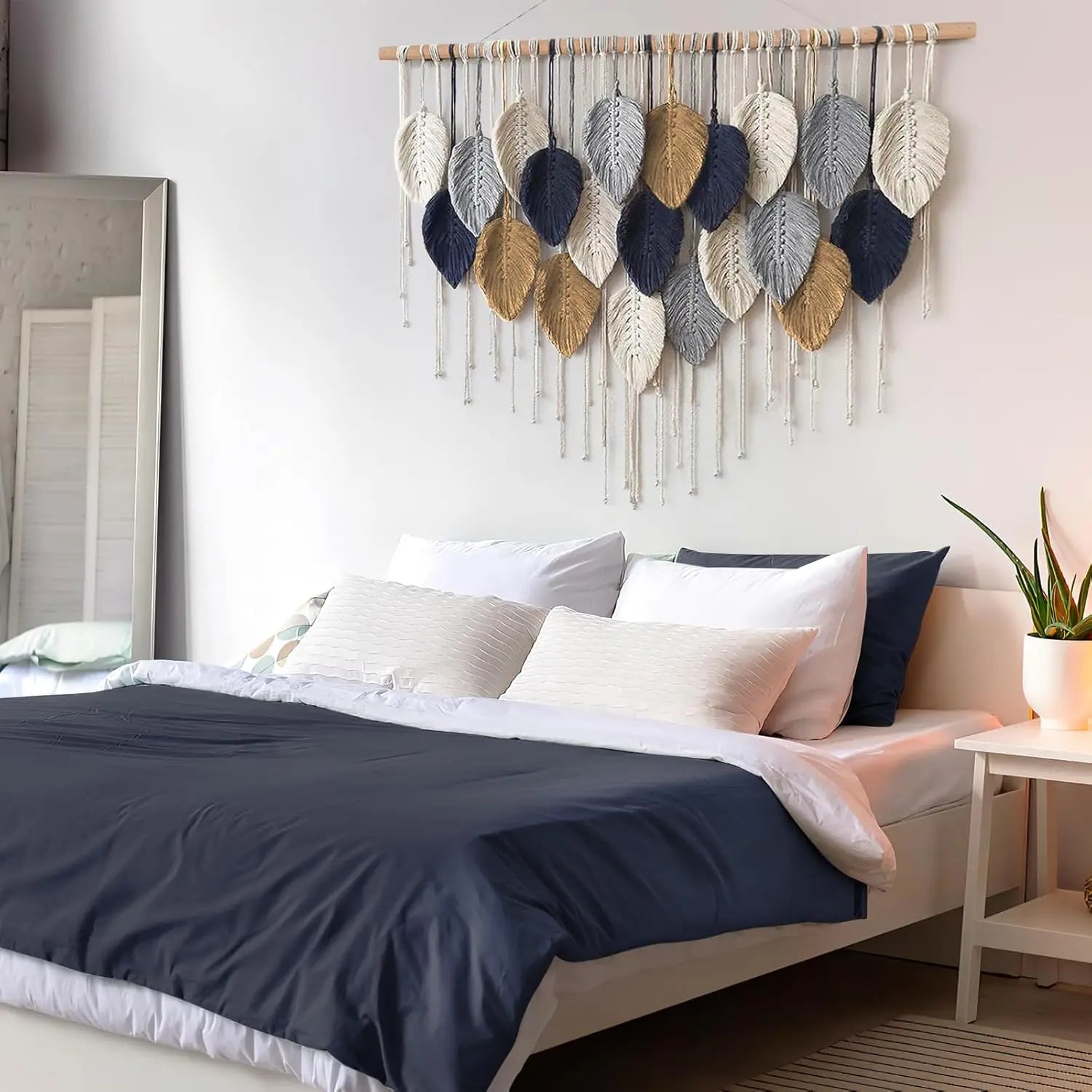 Boho Home Decoration, Macrame Tapestry Macrame Leaf Feather Wall Hanging Decor for Living Room Bedroom, Boho Wall Art Home Decor