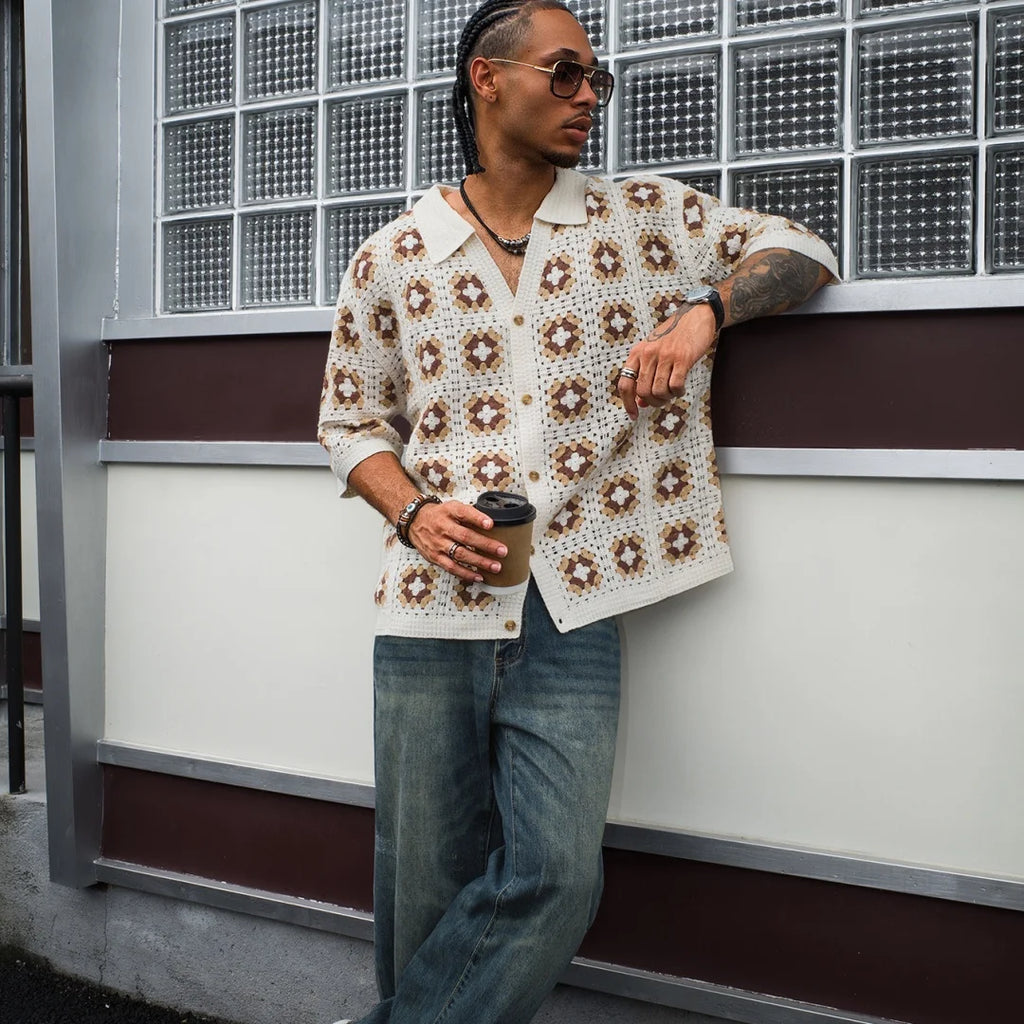 Men's Short Sleeve Summer Fashion Mesh Cardigan Lapel Top Printing Soft Breathable Light Polo Knitwear Men US Size