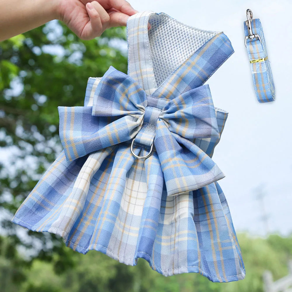 Plaid Dog Dress Bow Tie Harness Leash Set for Small Dogs Cats Girl Cute Princess Dog Dress Puppy Bunny Rabbit Clothes Pet Outfit