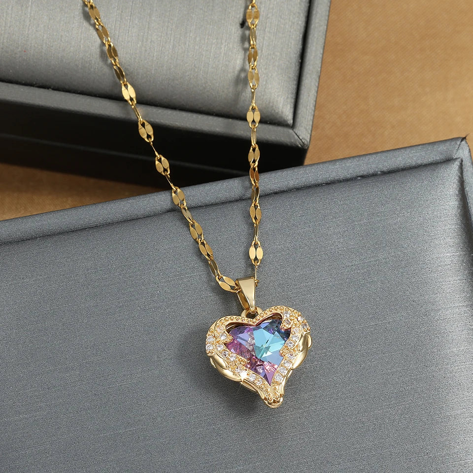 ZAKOL Gorgeous Colorful Zircon Love Heart Pendant Necklace For Women Fashion Stainless Steel Neck Chain Jewelry Gift