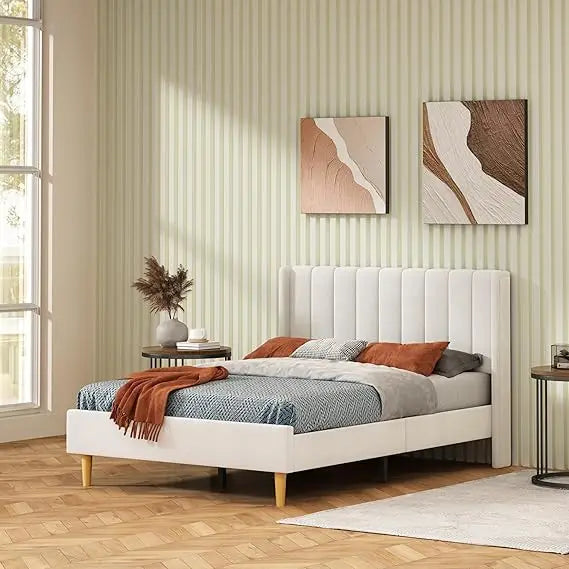 full size bed frame, velvet upholstered platform bed with vertical channel tufted wingback headboard, wooden slats support, no b