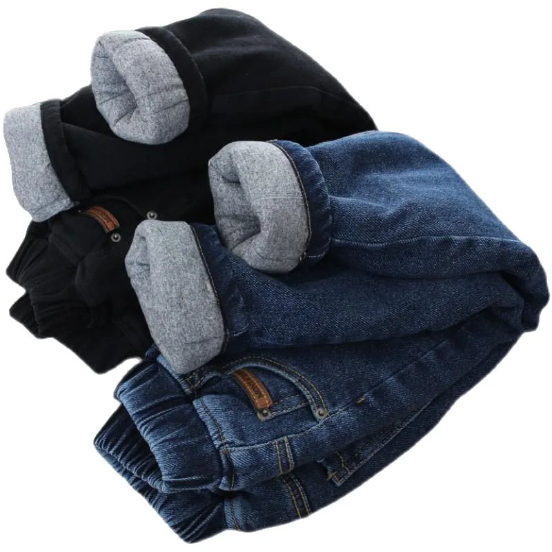 Children's Winter Warm Jeans Solid Plus Velvet Elastic Waist Kid Boy Haren Pants Vintage Soft Cotton Toddler Boy Carrot Trousers