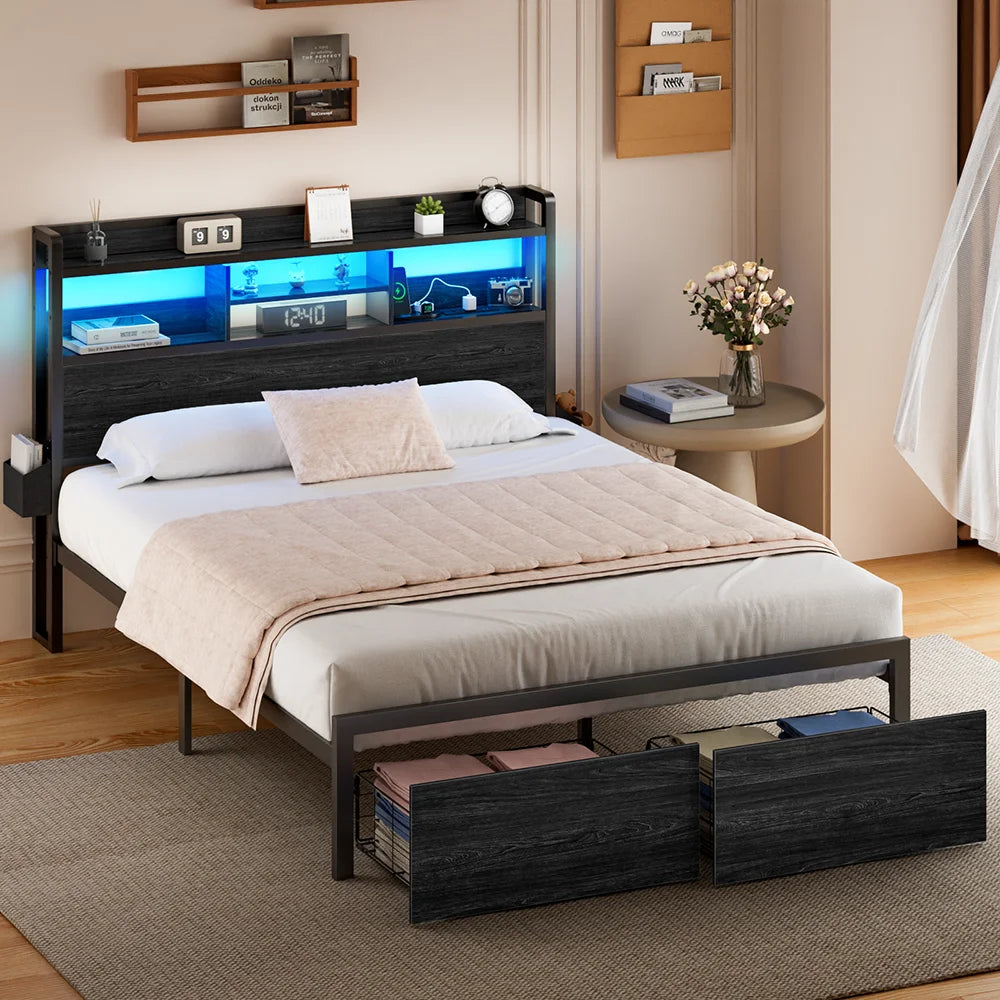 Full/Queen Size Bed Frame with Storage Headboard, Metal Platform Bed Frame with Storage Drawers, LED Lights and Charging Station
