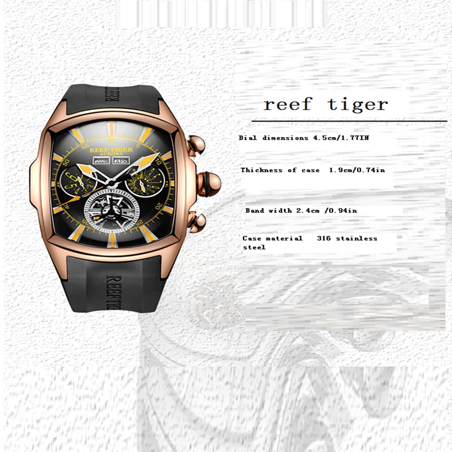 reef tiger brand men's fully automatic mechanical watch, business men's watch, personalized and fashionable men's sports watch