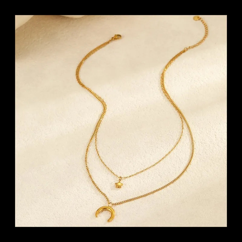 Personality Temperament Retro Style Necklace Stainless Steel Plated Real Gold Moon Star Titanium Steel Necklace