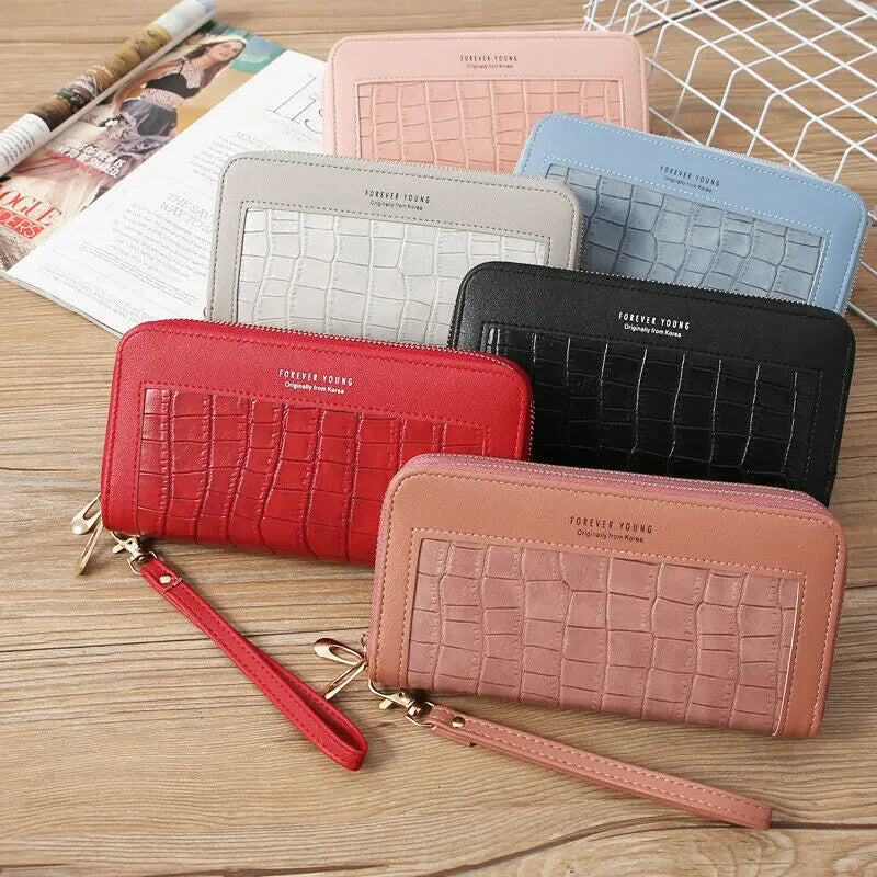 Double Zipper Long Wallet For Women Large Capacity PU Leather Clutch Mobile Phone Bag Coin Cash Card Holder Purse
