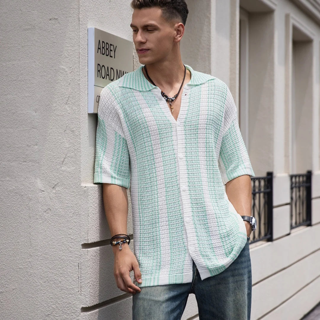 Men's Short Sleeves Summer Ice Silk Striped Brand Fashion Short-Sleeved Breathable Casual Slim Soft Tops Men US Size