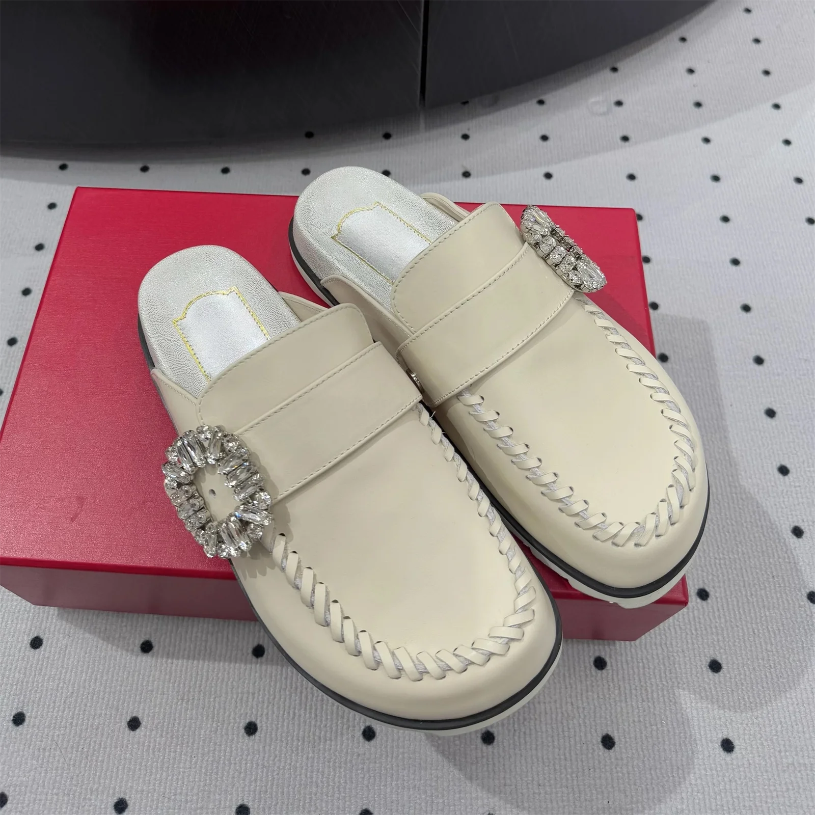 Top Version Genuine Leather Round-Tpe Thick Sole Woman Slippers Buckle-Belt Decora Mules Slip-ons Loafers Slides Bota Feminina