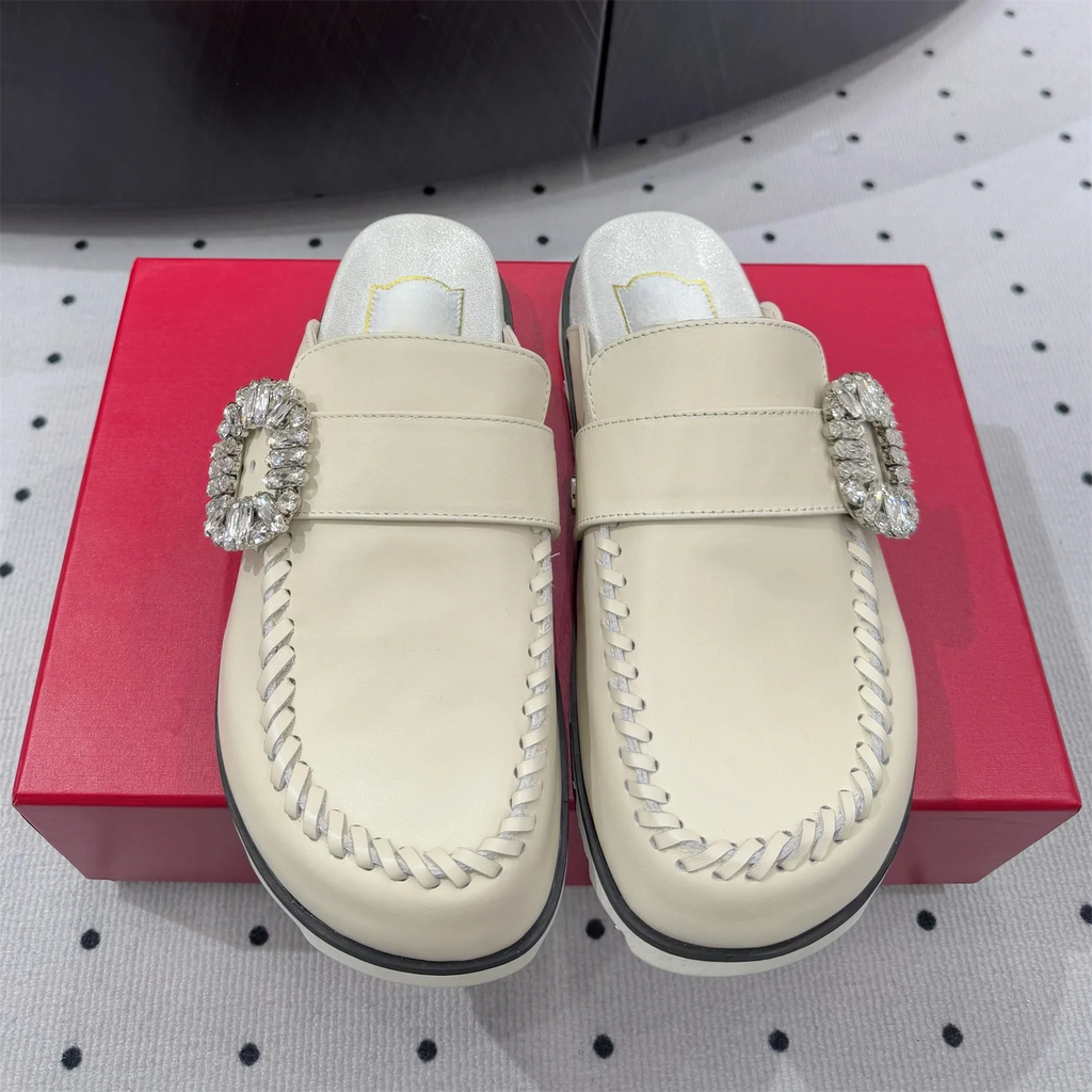 Top Version Genuine Leather Round-Tpe Thick Sole Woman Slippers Buckle-Belt Decora Mules Slip-ons Loafers Slides Bota Feminina