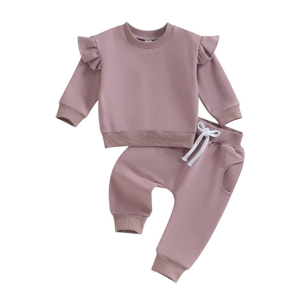 Tregren 0-24M Infant Baby Girls Clothes Long Sleeve Solid Color Sweatshirt Tops Pants 2pcs Set Outfits Toddler Casual Tracksuit