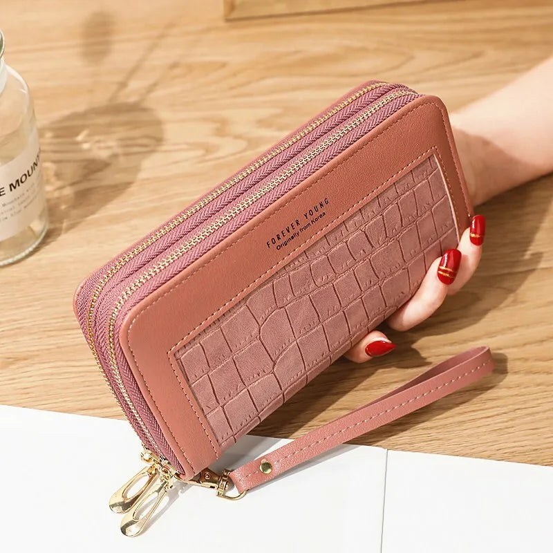 Double Zipper Long Wallet For Women Large Capacity PU Leather Clutch Mobile Phone Bag Coin Cash Card Holder Purse