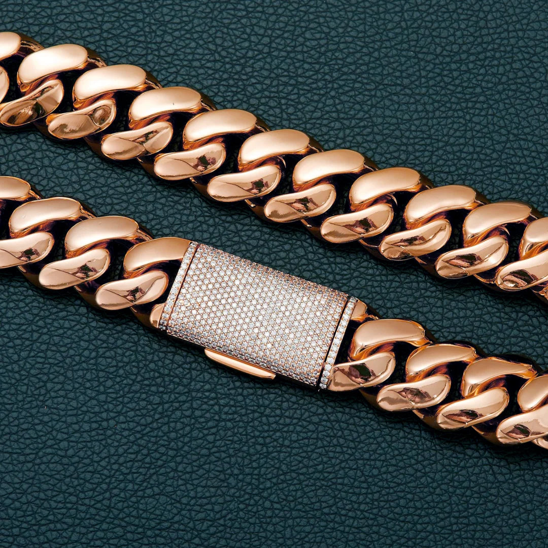 8-22mm Rose Gold  316L Stainless Steel  Cuban Miami Link Chain Iced Out CZ Box Clasp Necklace Fashion Hip Hop Unisex Jewelry