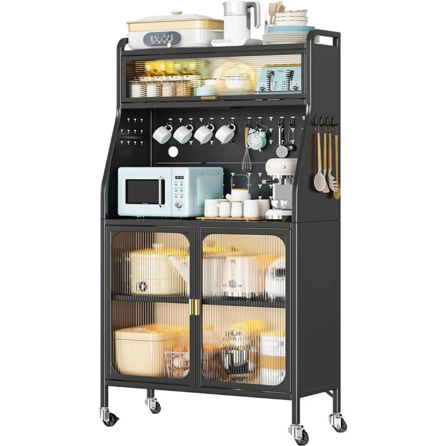 Bakers Rack with Storage Kitchen Storage Hutch Cabinet with Doors and Wheels Freestanding Microwave Stand with Adjustable Shelf