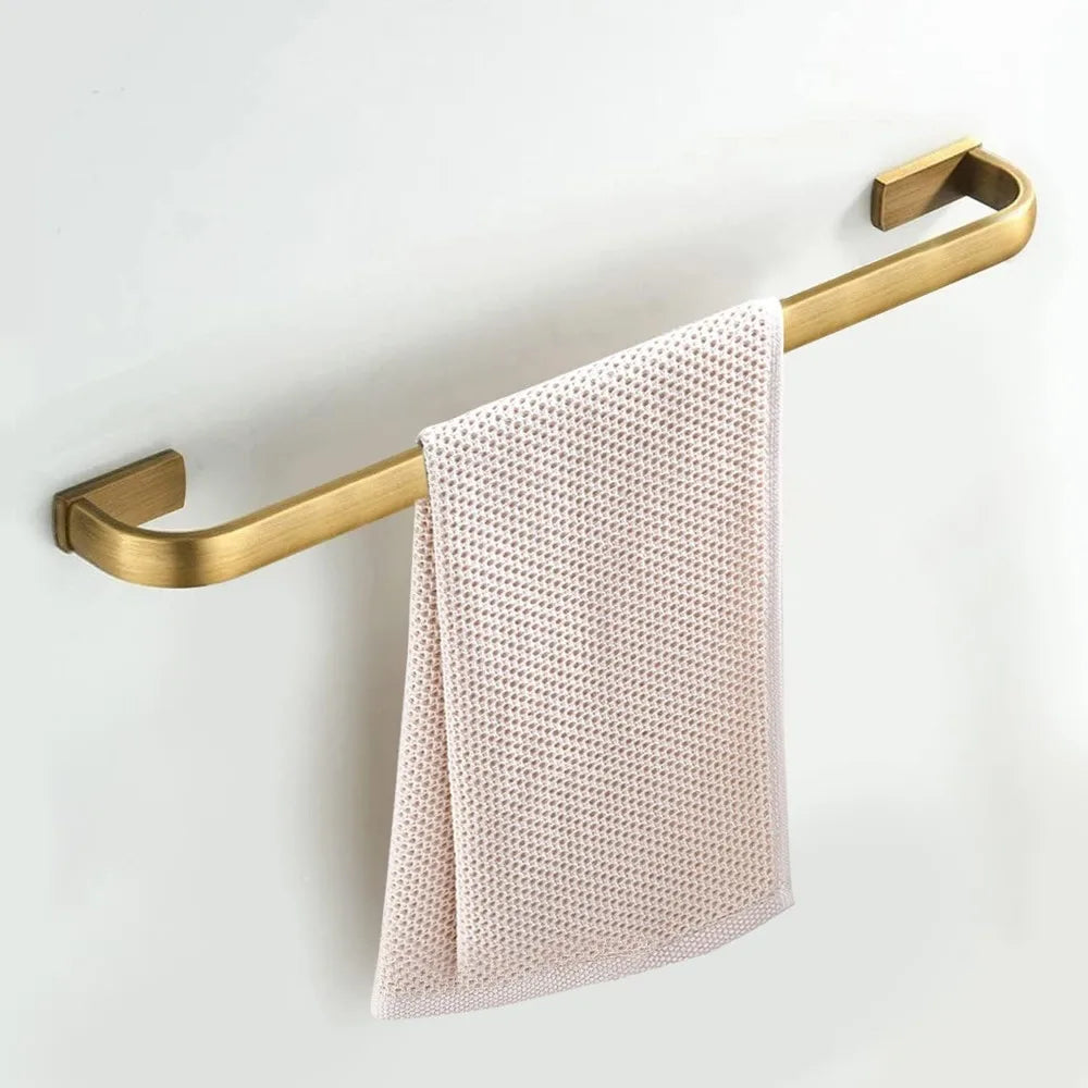 Antique Style Brass Bathroom Accessories Set: Towel Holder, Toilet Paper Holder, Robe Hook, and Brushed Brass Wall Mount