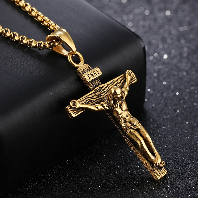 Religious Jesus Cross Stainless Steel Necklace For Men Fashion Gold Silver Color Cross Pendent With Chain Necklace Jewelry Gift