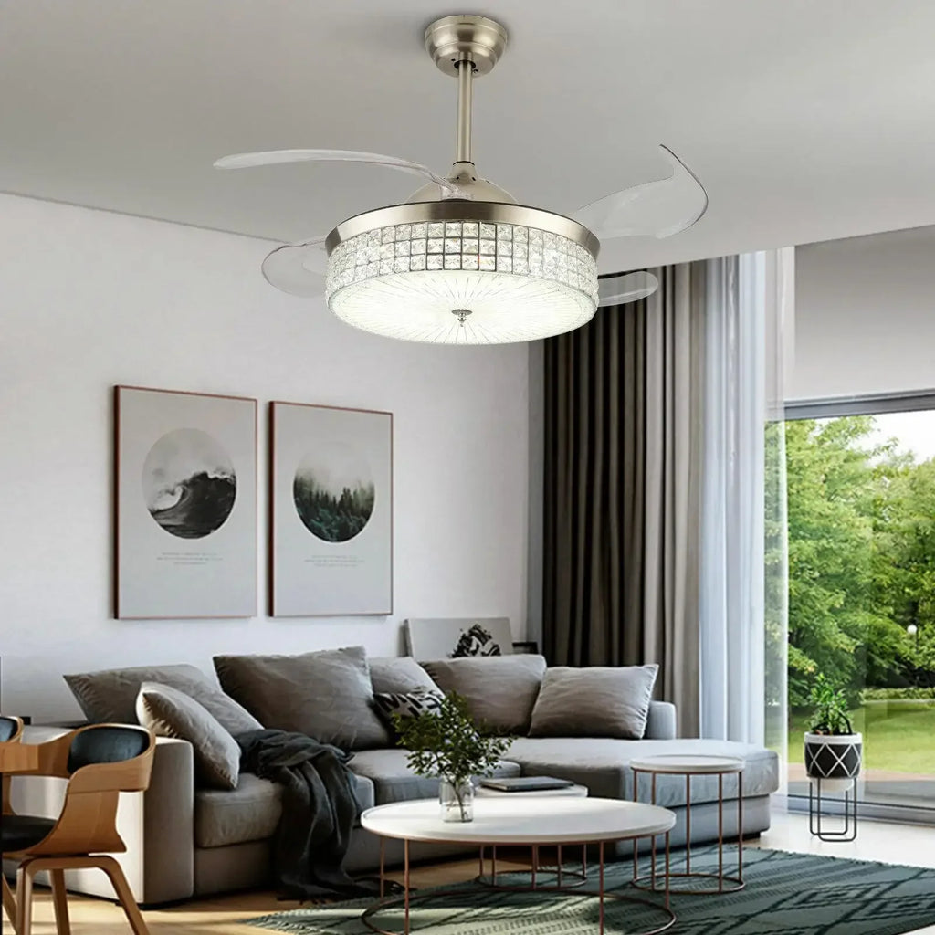 36"/42" Retractable Ceiling Fan Light LED Invisible 3 Color Chandelier Lamp w/Remote Crystal Metal Ceiling Fan Light 92cm/107cm