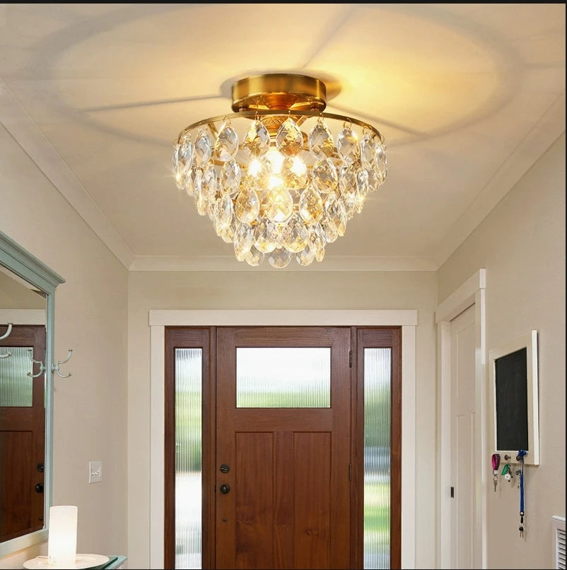 Modern Crystal Ceiling Lamp Hallway Cloakroom Small Chandelier French Style Semi Flush Mount Ceiling Light Gold /Black Luminaire