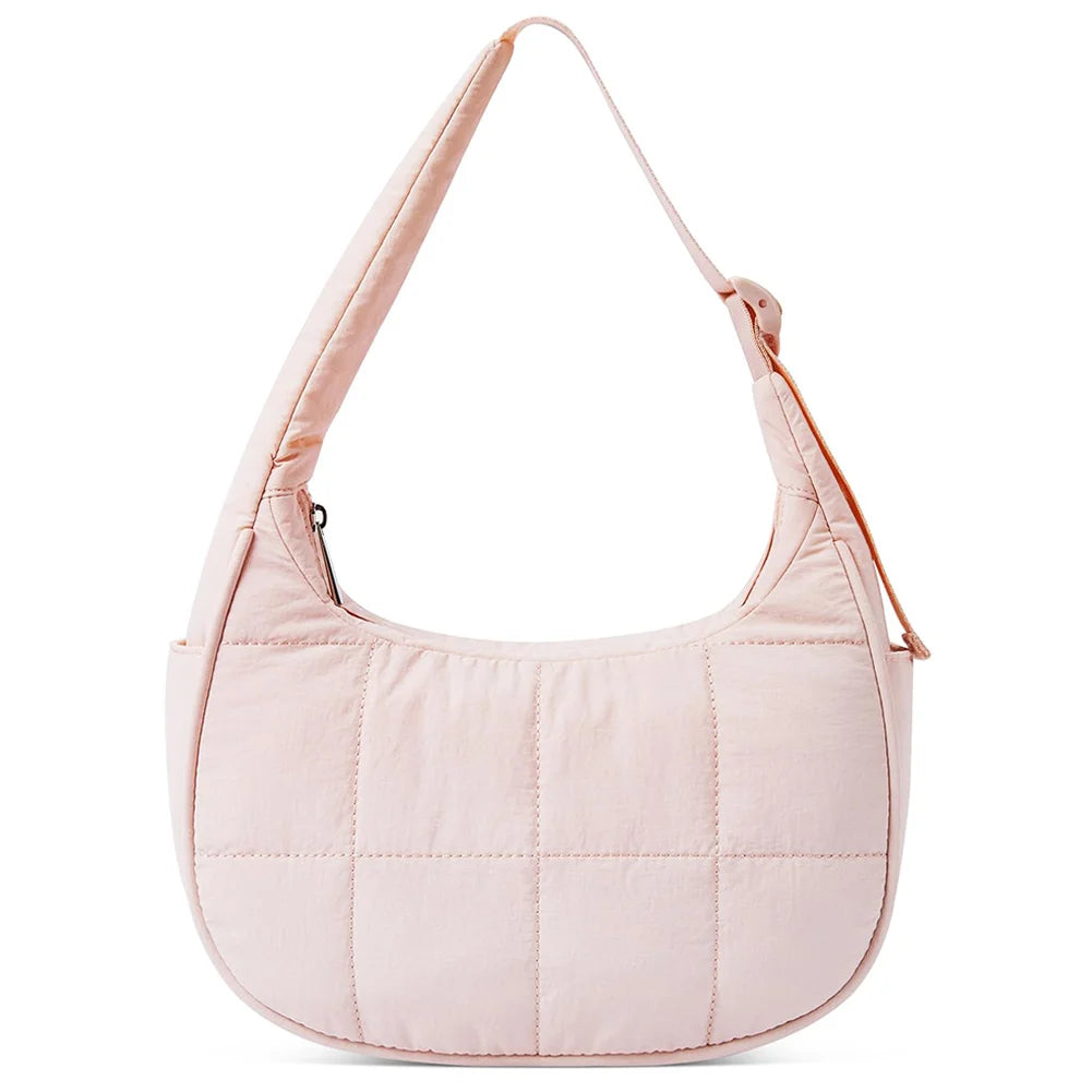 Puffer Shoulder Bag Nylon Adjustable Strap Crescent Bag for Women Quilted Handbag with Zipper Hobo Bag for Work Travel