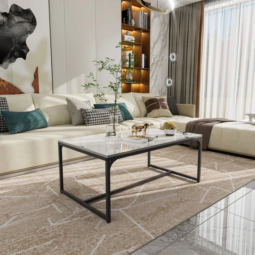 Modern Rectangular Coffee Table |Chic Sintered Stone Top|Black Aluminum Frame| Space-Saving Living Room & Bedroom Side Table