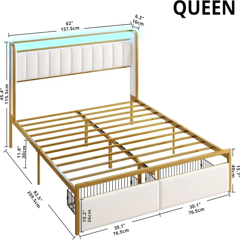 LIKIMIO Queen / Twin Bed Frame with Armrests Headboard & RGB Light, Upholstered Queen Size Bed Platform with Drawers, No Noise