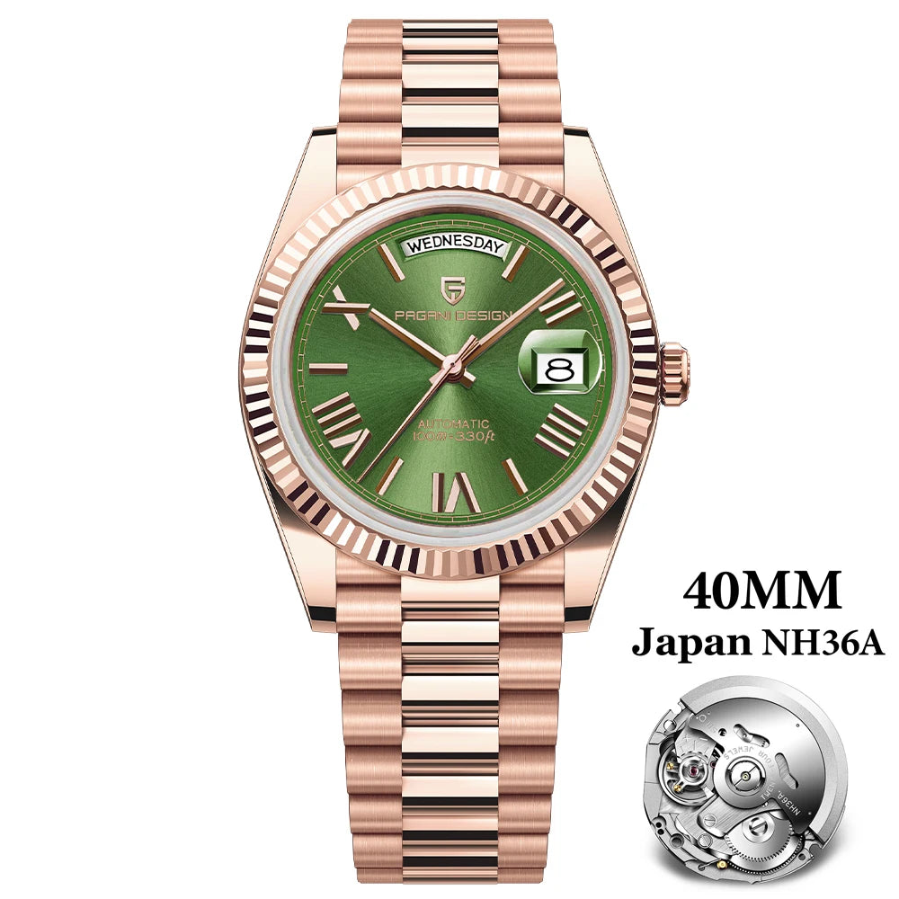 PAGANI DESIGN 2025 New Gold Green 40MM Date Week Men's Watches Automatic Watch Men AR Sapphire Glass NH36A Mechanical Wristwatch