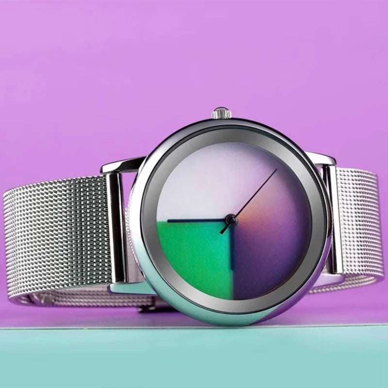 New Unique Women Watch Fashion Casual Colorful Changing Dial Quartz Wriswatch Simple Ultrathin Steel Lady Watches Special Gift